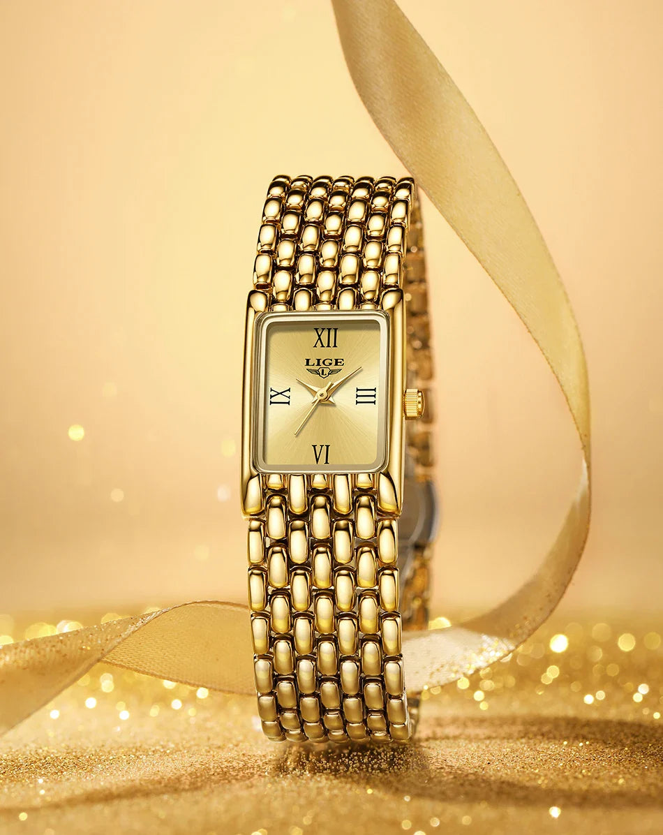 LIGE 2025 Fashion New Gold Women's Watch Luxury Quartz Watch Stainless Steel Bracelet Retro 30M Waterproof Watches Women reloj
