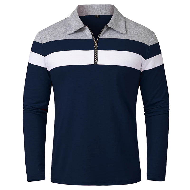Men's Long Sleeve Striped Polo Shirts 1/4 Zip Cotton Patchwork Collared Shirt Casual Fashion Pullover Slim Fit Golf Shirt