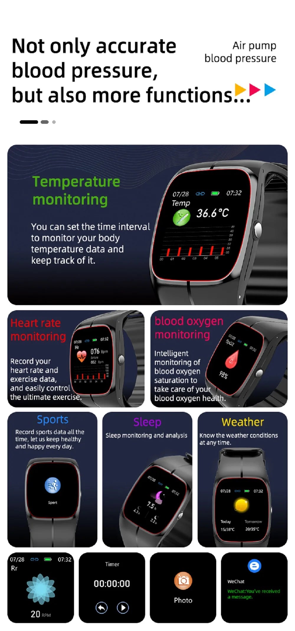 Blood Oxygen Blood Pressure Body Temperature Heart Rate Monitor Smartwatch Men Waterproof Sleep Sport Health Smart Watches Women