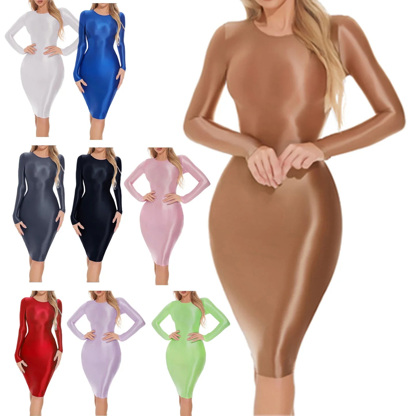 Womens Oil-shiny Bodycon Dress Long Sleeve Hip Wrap Sleep Dress Sexy Nightwear for Clubwear Performance Cocktail Party Costume