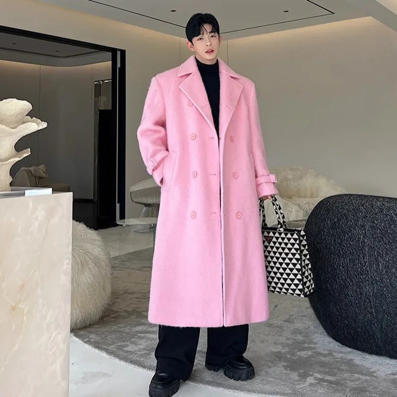 Korean Men Woolen Coat Casual Lapel Double Breasted Long Trench Solid Color Male