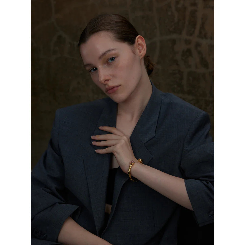 Yhpup 62mm High Quality Stainless Steel Multicolored Natural Stone Golden Cuff Open Bracelet Bangle Water Resistant Jewelry