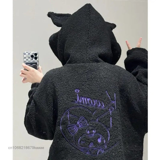 Cartoon Kuromi Clothes Women Black Embroidery Hoodies Aesthetic Tops Autumn Coats