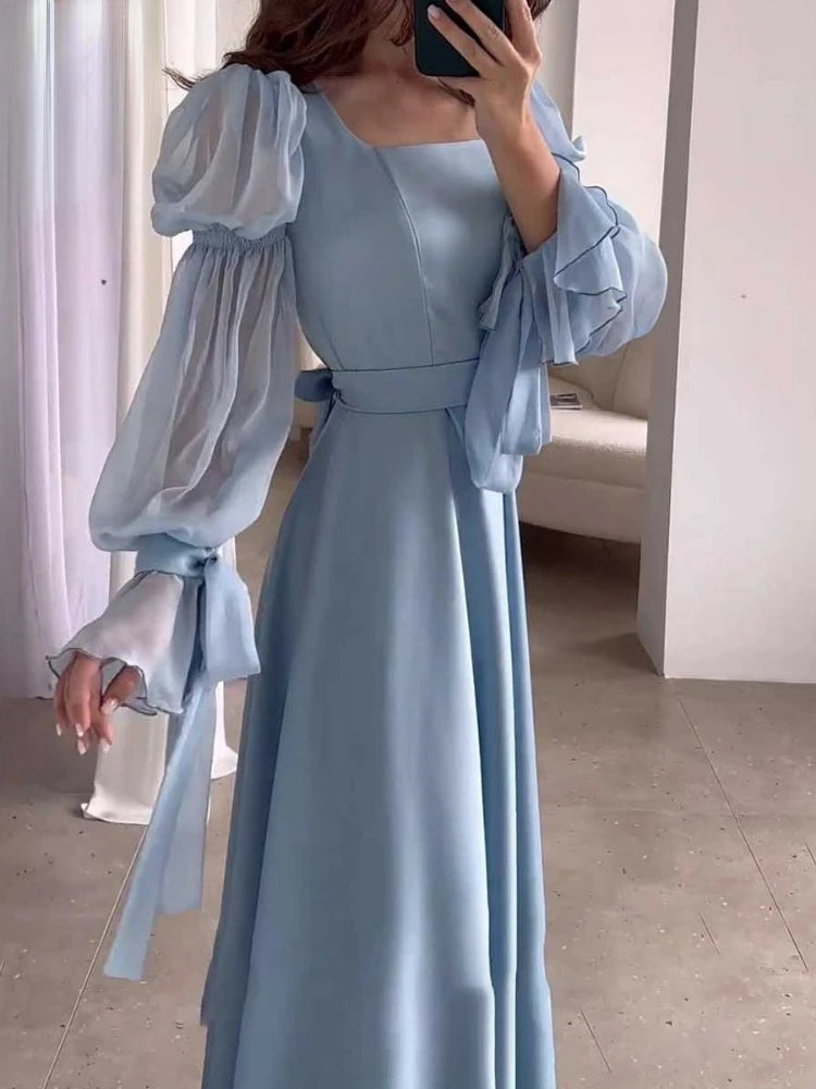 Formal attire Dresses: Elegant Satin Dresses Ladies Puff Sleeve Square Neck Long Skirt