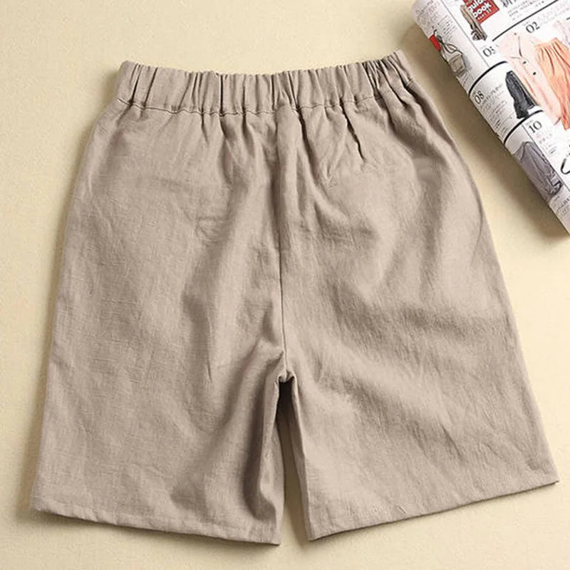 Khaki Solid Casual Linen Cotton Elastic High Waist Wide Leg Button Loose Women's Shorts Korean Fashion Summer Shorts Women 2024