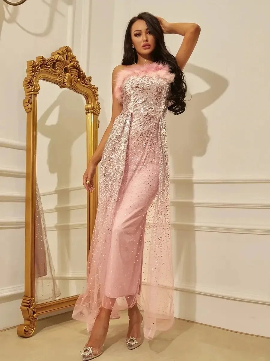 Evening wear Dresses: Floor-Length Sleeveless Sequin Formal Evening Prom Dress Women