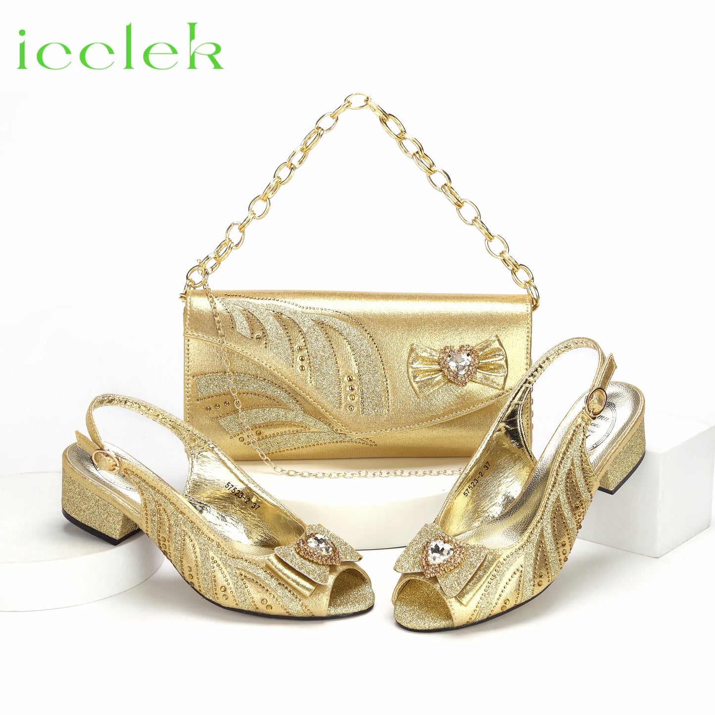 Gold Color Comfortable Streamline Peep Toe Sandals Noble Ladies Low Heels Shoes and Bag for Wedding Dress