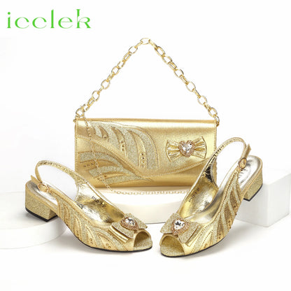 Gold Color Comfortable Streamline Peep Toe Sandals Noble Ladies Low Heels Shoes and Bag for Wedding Dress