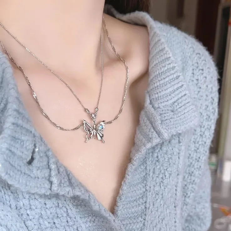 Korean Fashion Pink Crystal Heart Bow Tie Pendant Necklace Silver Color Chain Neck Necklace for Women Wedding Aesthetic Jewelry