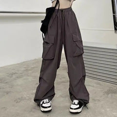 Women Cargo Pants Hip Hop Baggy Solid Color Multi Pockets Elastic Waist Match Top