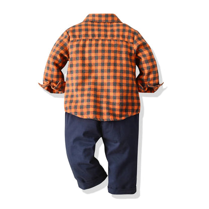 Children's Plaid Shirt and strap pants set for Boys with Bow Tie baby boy clothes 0 to 3Y Autumn Boys Clothes 70-130cm