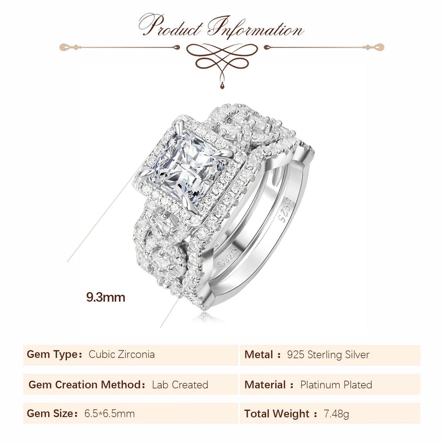 Potiy 3Pcs 925 Sterling Silver Halo Wedding Engagement Ring Set for Women 2.9ct Princess Cut AAAAAA CZ Fashion Jewelry