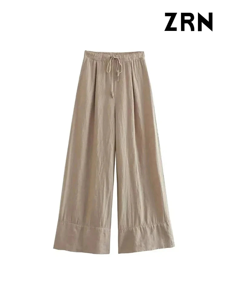 Women Fashion Side Pockets Linen Wide Leg Pants