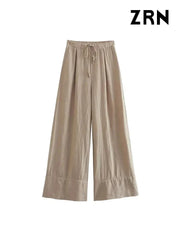 Women Fashion Side Pockets Linen Wide Leg Pants