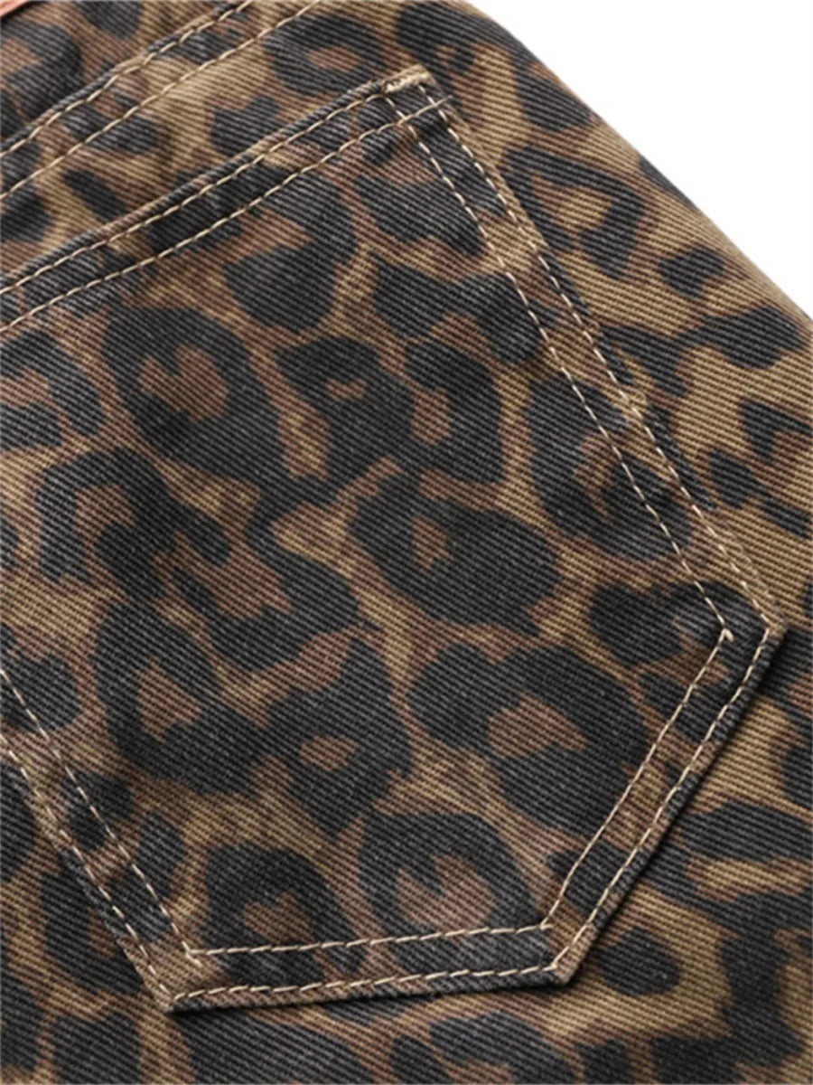 Leopard Print Jeans for Women High Waisted Y2k Retro Fashion Streetwear Denim Pants
