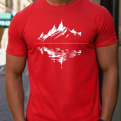 Men's summer 100 pure cotton fashionable casual loose fit plus mountain reflection printed round neck short sleeved T-shirt top