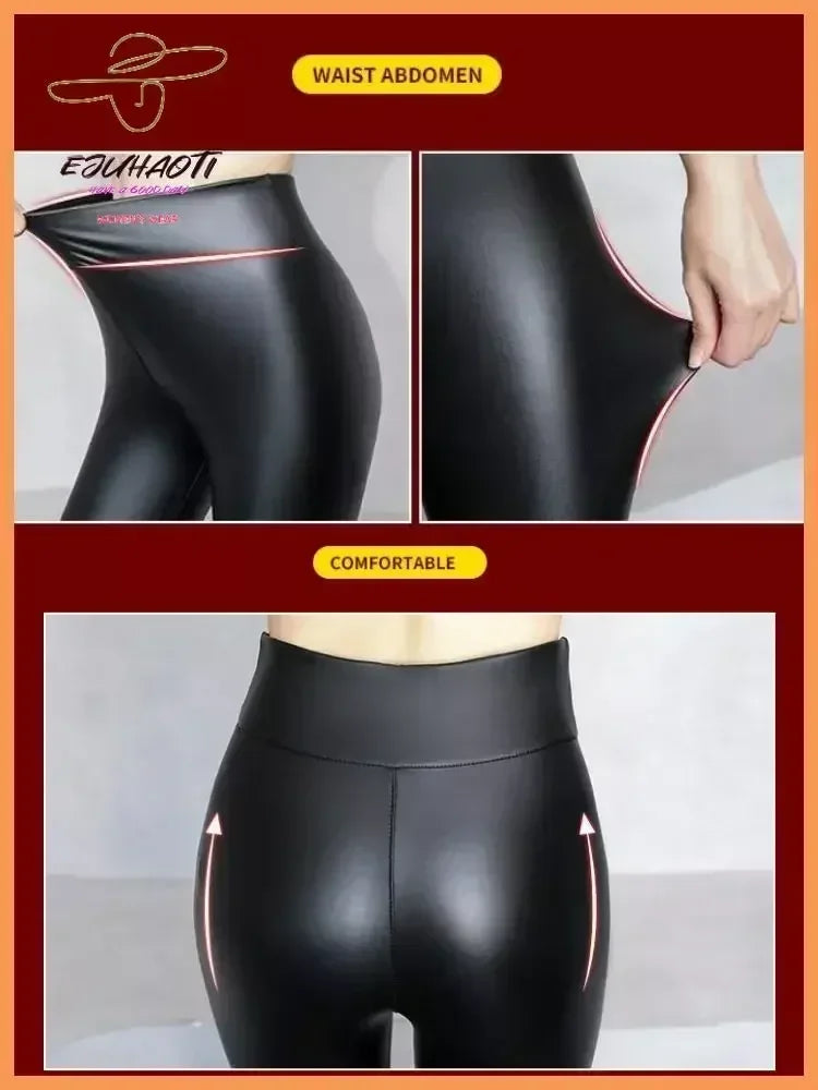 Women's Pants Velvet PU Leather Leggings Winter Ladies High Waist Fleece