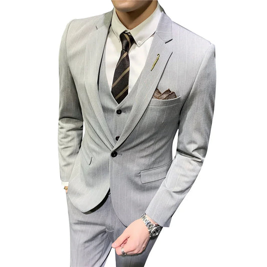 2023 Men's Fashion Boutique Striped Wedding Dress Suit Three Piece Set Male Formal Business Casual Blazers Jacket Vest Pants