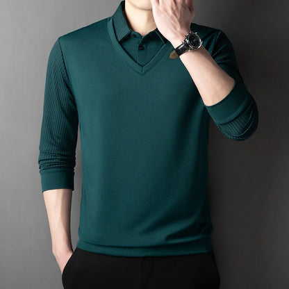 2025 New Men's Casual and Fashionable Long Sleeved Solid Color Fake Two-piece Polo Shirt Business All Season Versatile Top