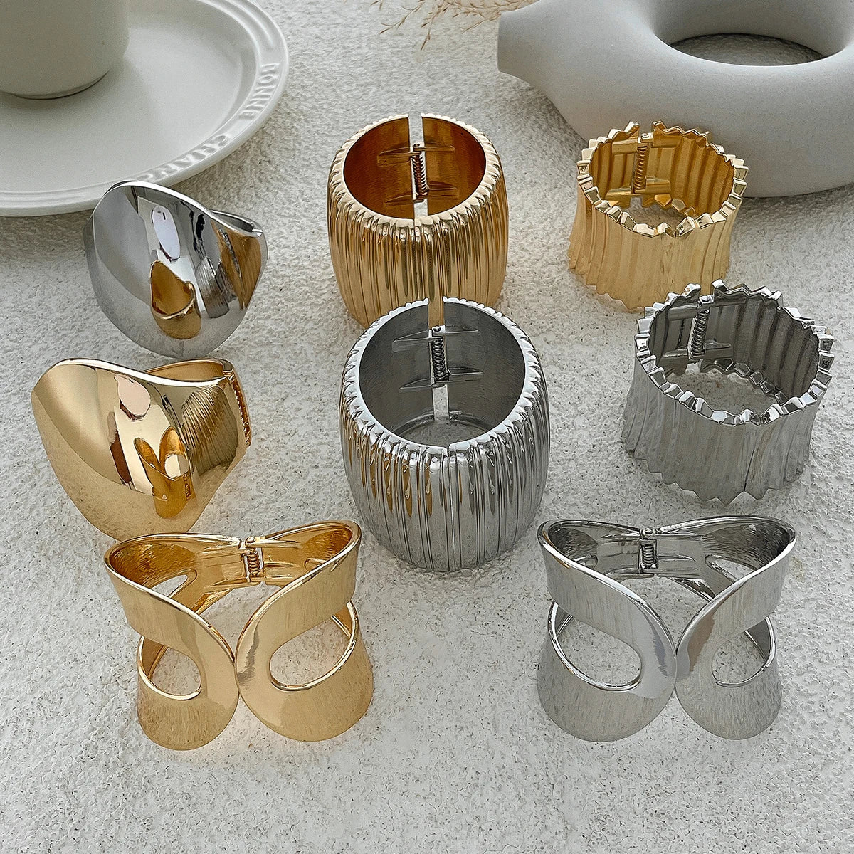 KunJoe Fashion Design Smooth Gold Color Chunky Spring Bangles for Women Exaggerated Geometric Wide Open Cuff Bracelet Unisex Men