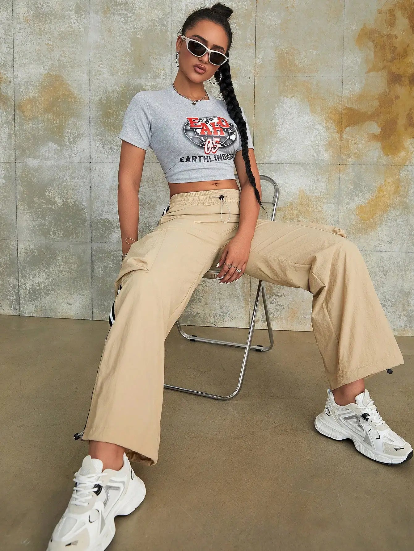 Y2K Women Fashion Wide Leg Cargo Pants Elastic Waist Tie Pockets Baggy Trousers