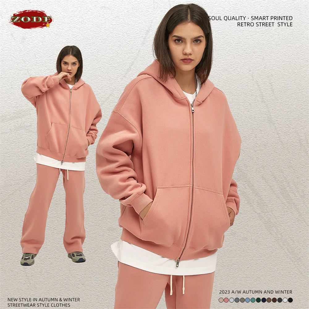 Men Double Headed Zipper Fleece Hoodies Unisex Loose Basic Solid Warm Hooded