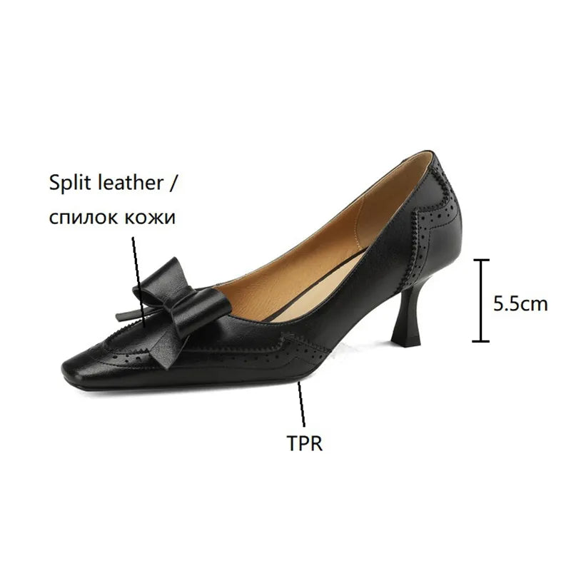 2023 Spring/Summer Women Pumps Split Leather High Heels Square Toe Thin Heel Women Shoes Butterfly-knot Lady Shoes Party Shoes
