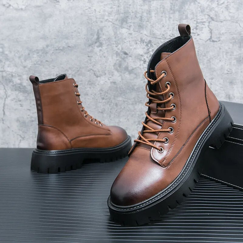Men High Top Leather Shoes Fashion Ankle Military Boots Male Tactical Thick Soled Booties