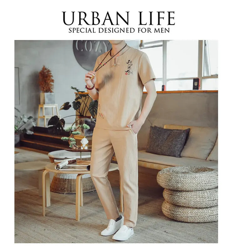 (Shirt + trousers) 2025 summer Chinese Style men shirt Cotton and linen shirts men's High quality casual shirts Two Piece M-5XL