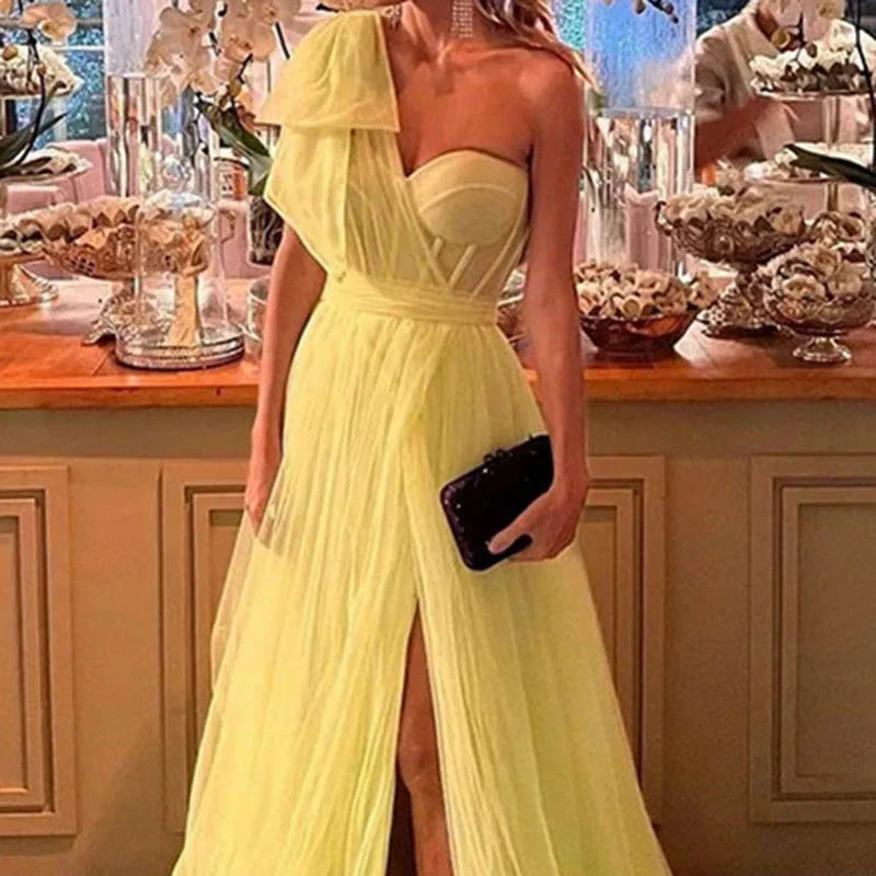 Evening wear Dresses: One Shoulder Prom Dresses For Party Tulle Front Side