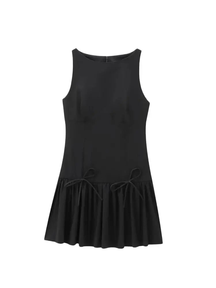 Women's Ruffled Mini Dress with Bows, O Neck, Sleeveless, Back Zipper, Female Dresses, Chic Fashion