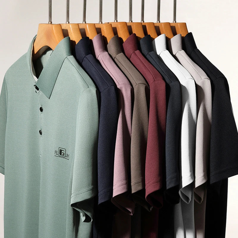 New Men's Business Casual Short Sleeved Shirt with Badge Solid Color Polo Shirt Fashionable Breathable Comfortable Versatile Top