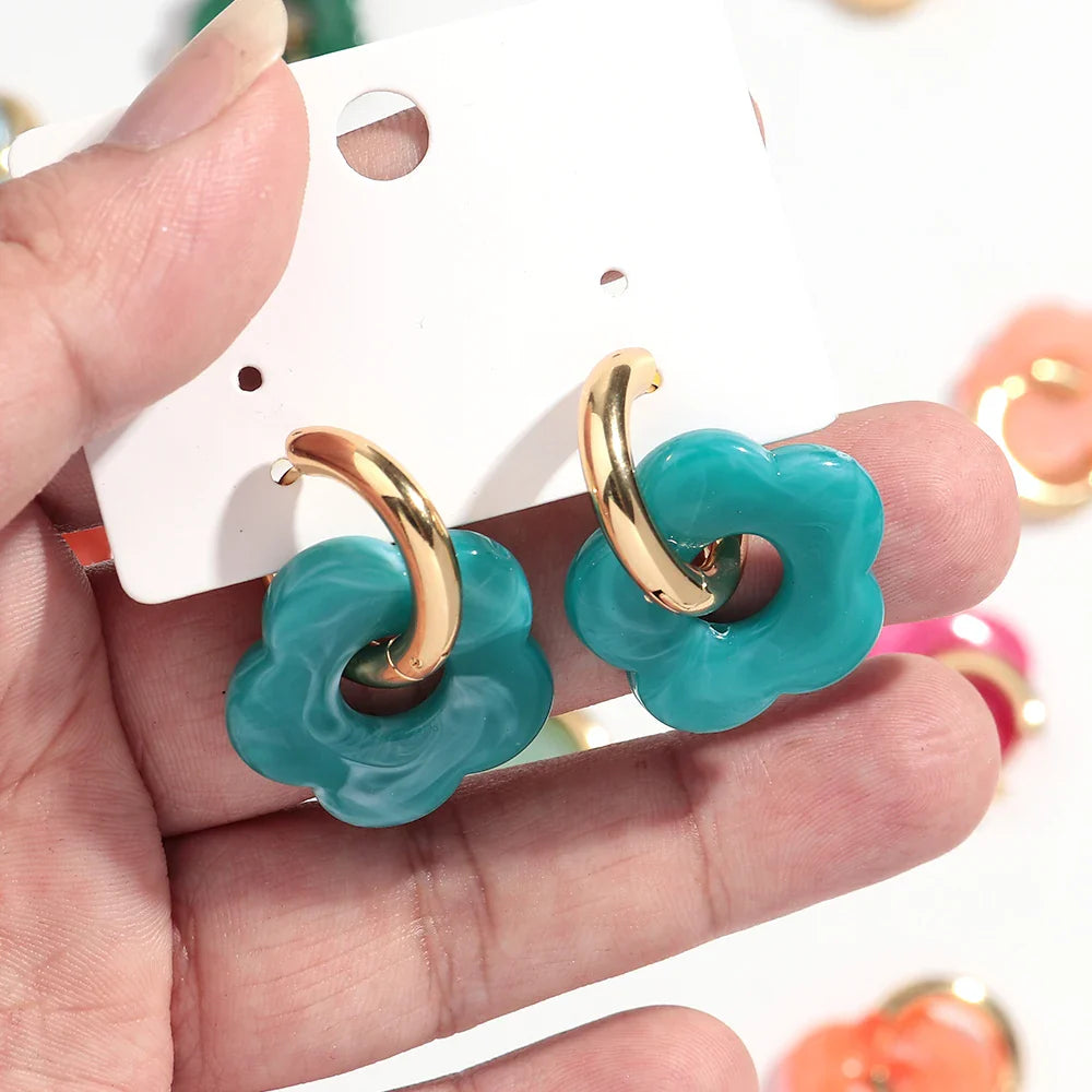 Colorful Flower Resin Acrylic Charms Earring Gold Color Circle Ear Buckle Hoop Earrings Fashion Jewelry for Women
