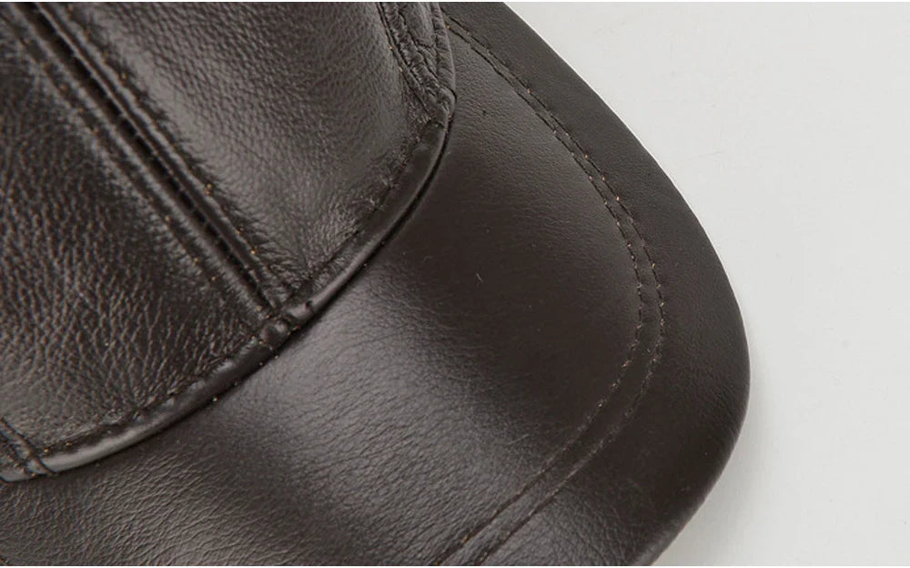 New Style Casual Real Leather Earflap Cap Men Real Cowhide Leather Caps Male Fall Winter Genuine Real Cow Leather Baseball Hats