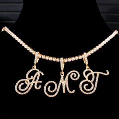 Cursive Letters Cubic Zirconia Chain Intial Name Necklace Hip Hop Jewelry Gold