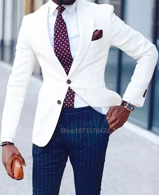 White Men Suits Notch Lapel Jacket Striped Pants Wedding Blazer Groom Tuxedos