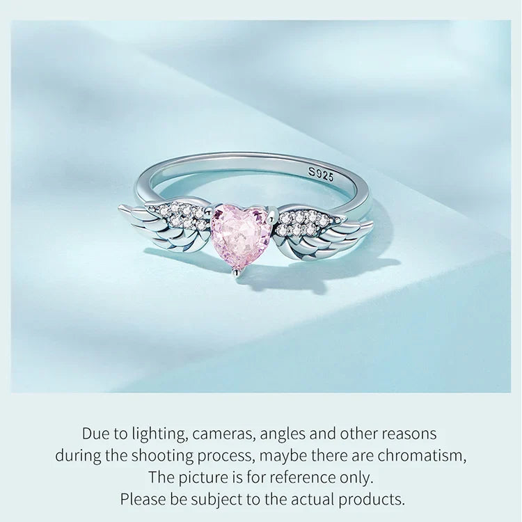 BAMOER 925 Sterling Silver Angel Wing Ring for Women Retro Feather Pink Heart Zircon Eternity Band Ring Anniversary Jewelry Gift