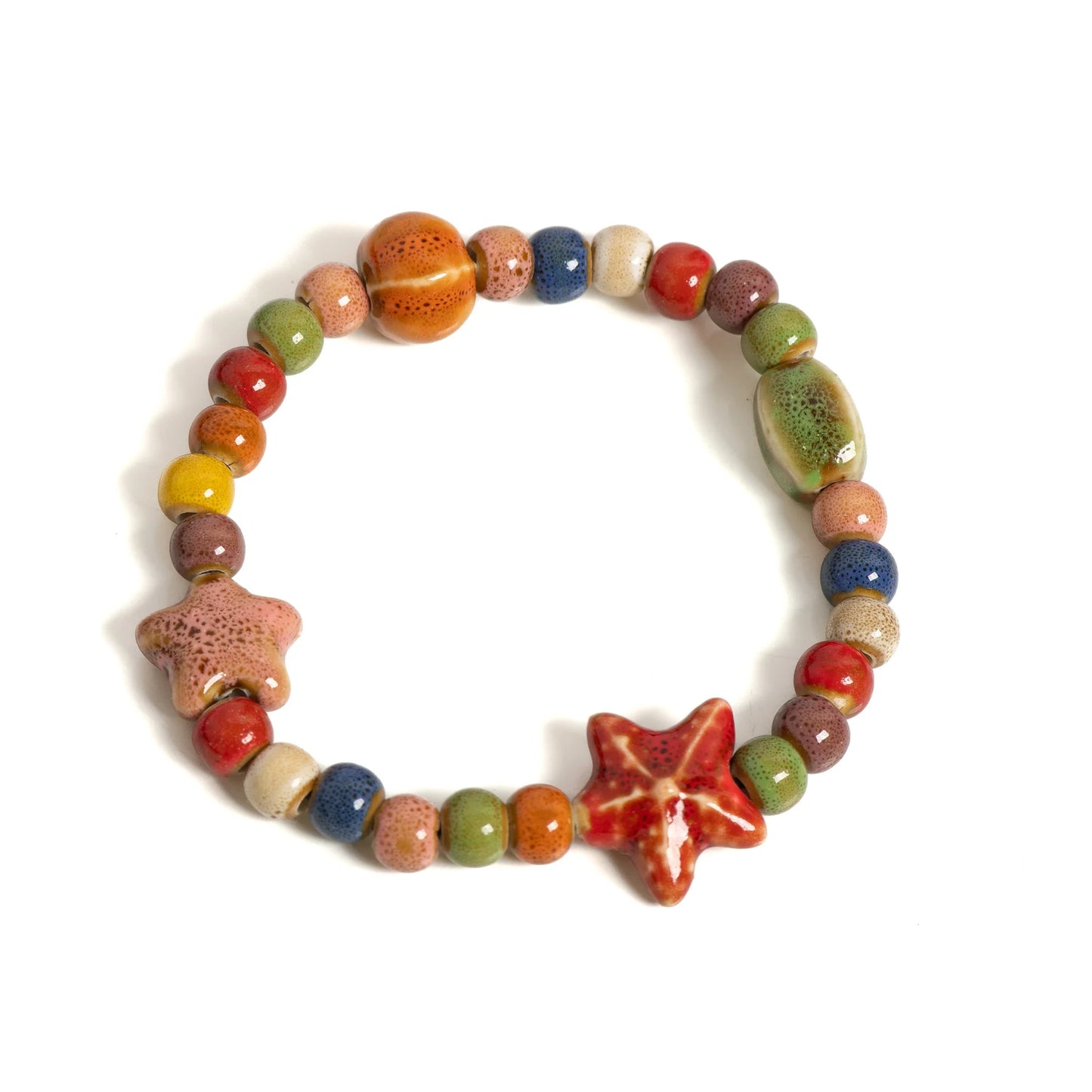Handmade Colorful Starfish & Seashell Ceramic Beaded Bracelet Boho Beach Jewelry Elastic Wristband for Women & Teens S001186
