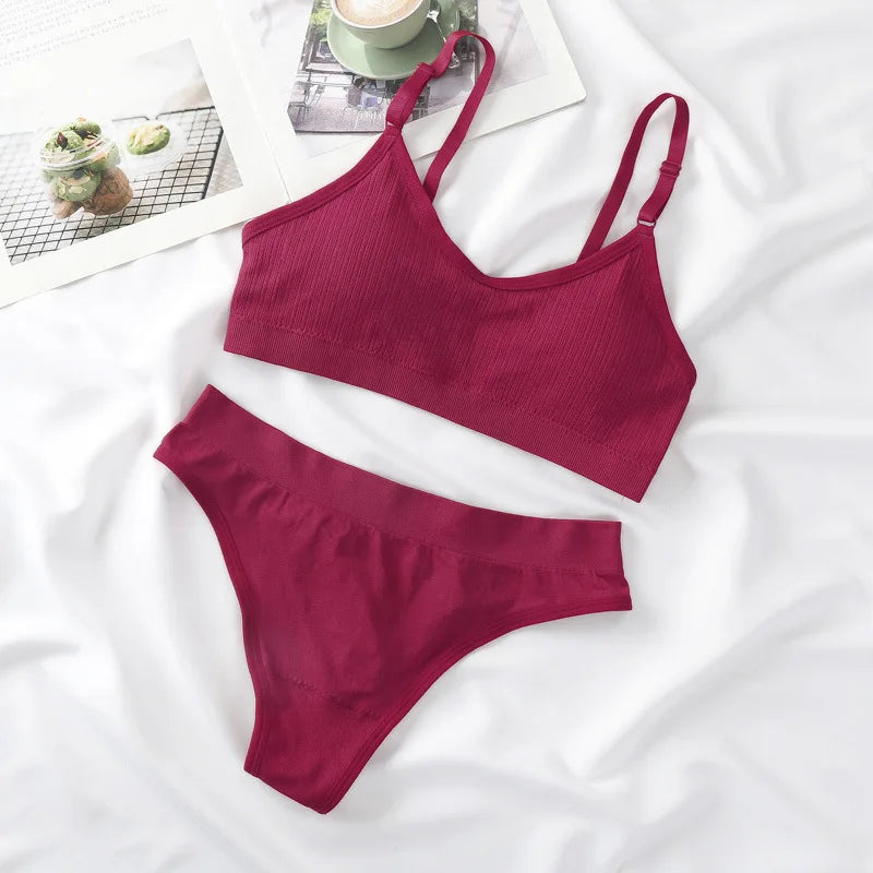 Women Seamless Bra Set Lingerie High Waist Cotton Thong Panties Wire Free