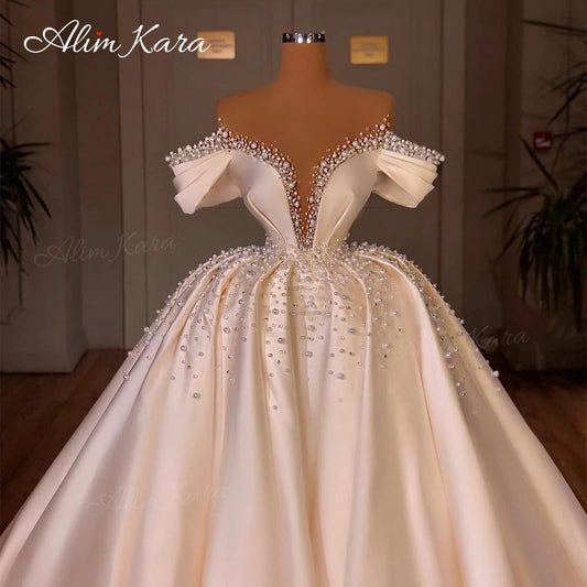 White Bridesmaid Dresses: Wedding Dresses for women Satin Off Shoulder Court Train
