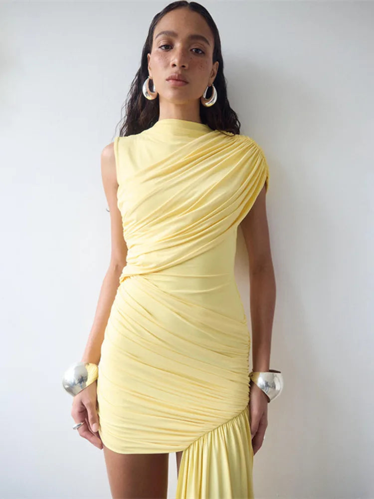 Balitops Summer Draped Ruched Sexy Mini Dress Women 2025 New Irregular High Waist Slim Fit Dress Female Elegant Club Tank Dress