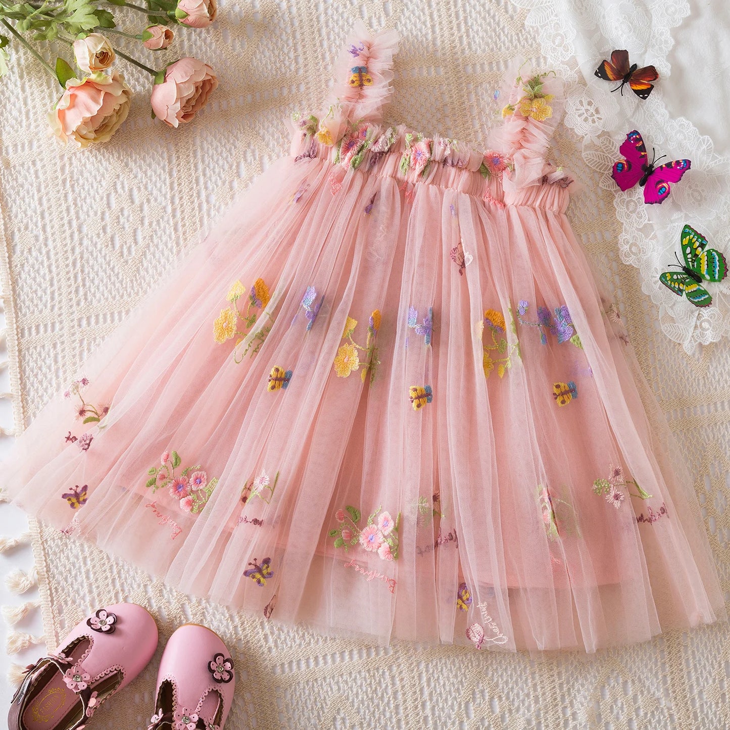 Summer Girls Birthday Dresses Pink Tulle Formal Event Costumes Girls First Communion Dresses Kids Dresses