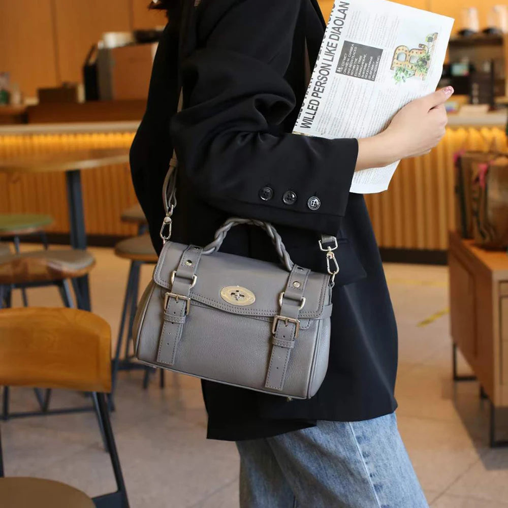 Retro Cowhide Women Messenger Bag Braid Top Handle Genuine Leather
