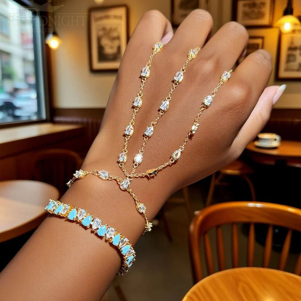 2025 New Micro Pave Clear CZ Tassel Hand Chain Bracelet Gold Color With Round CZ Station Double Chain Fashion Women Jewelry