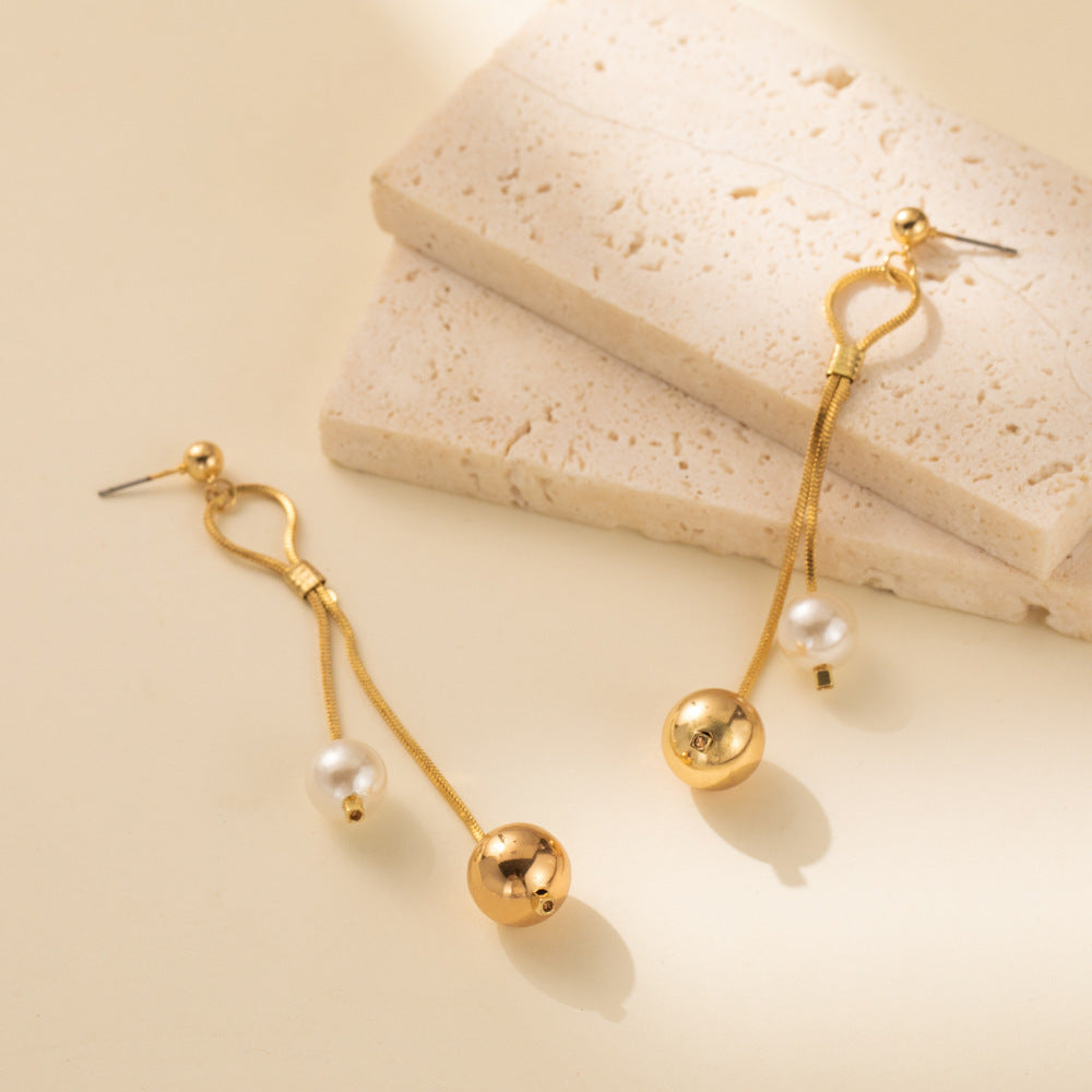 Pearl Long Tassel Drop Dangle Earrings for Women Luxury Gold Color Stainless Steel Ball Stud Jewelry
