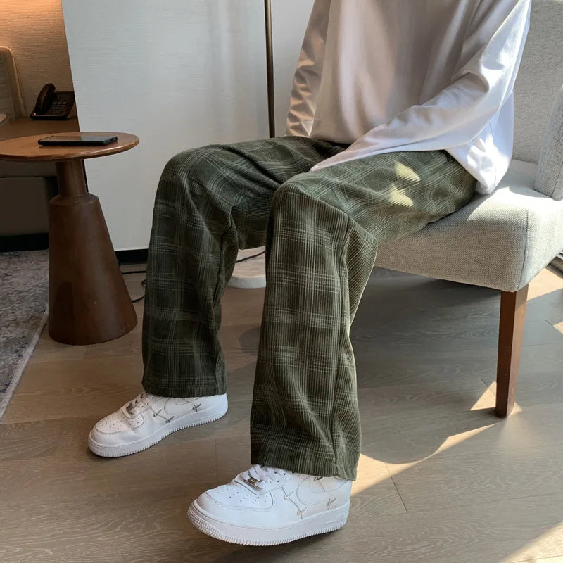Men Checkered Casual Pants Loose Straight Corduroy Pants Sweatpants Man Fashion