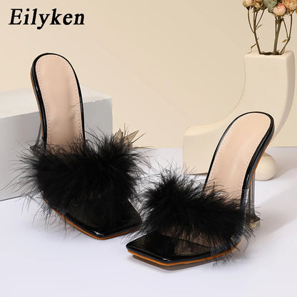 Eilyken 2024 New PVC Shoes Slippers Woman Feather Transparent High Heels Fur Pumps Square toe Mules Lady Slides