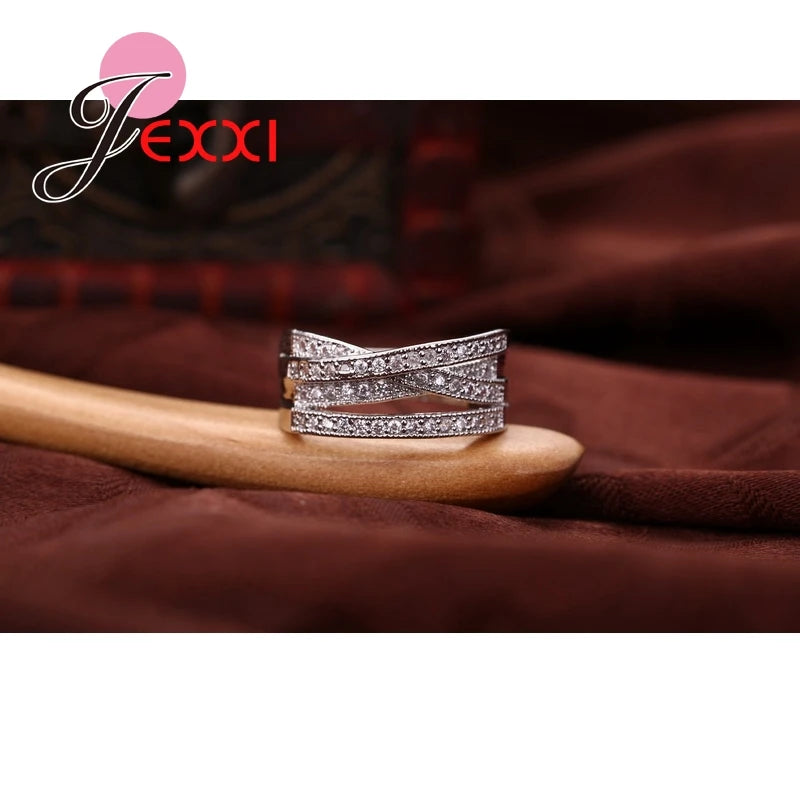 New Fashion 925 Sterling Silver Women Wedding Finger Band Rings Crossed Design  Cubic Zircon Crystal Girls Anillos