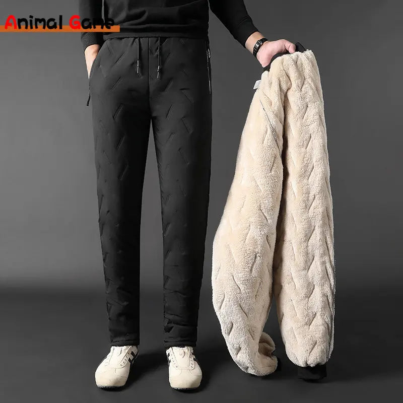Winter Mens Pants Male Warm Proof Thermal Trousers Loose Zip Pockets Thicken