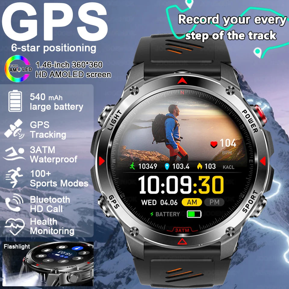 Outdoor Military Smart Watch Men Built-in GPS 1.46" AMOLED Compass